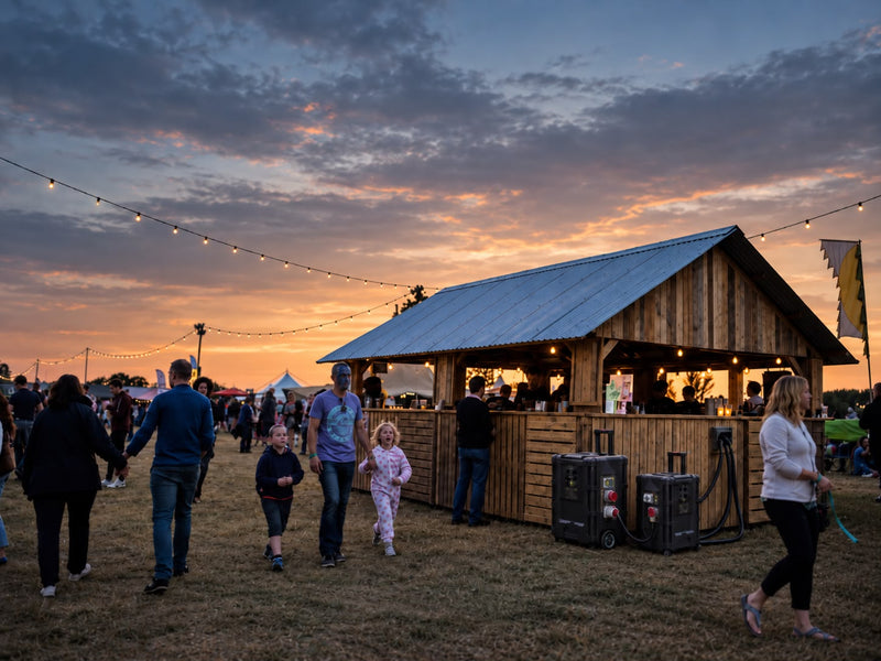 Festival bar at dusk under string lights, powered by two portable power stations