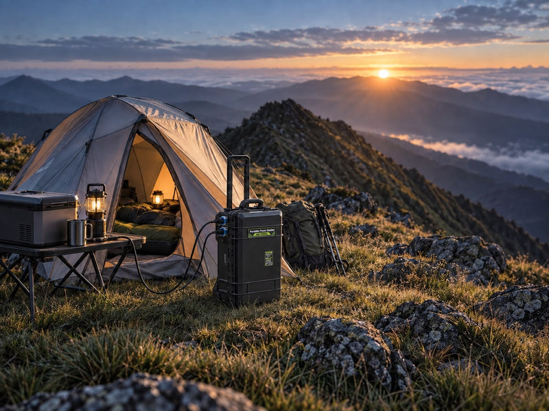 Tent pitched on a mountain ridge at sunrise, with a portable power station running a lantern and cool box
