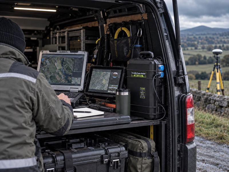 Operator working on a laptop and tablet in the back of a van, powered by a Grid Mate GM1200iL power station