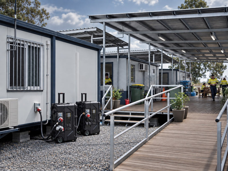 Two portable power stations connected outside a site cabin, with workers in hi-vis on the walkway behind